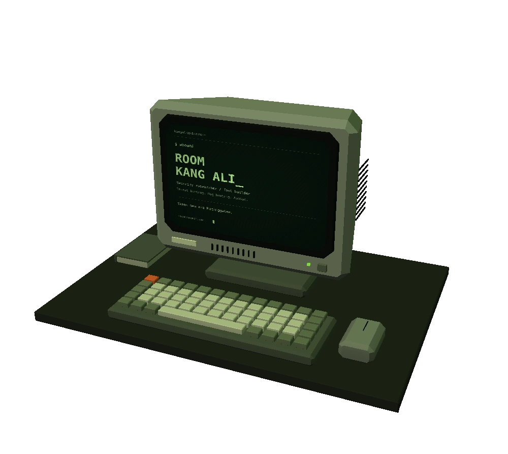 A vintage monitor and keyboard on a dark desk, with Room Kang Ali on the green terminal screen.
